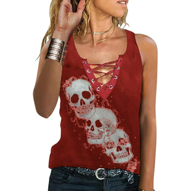 ORT Women Tank Tops Summer,Womens Floral/Skull/Solid Color Printed Tees Criss Cross Sleeveless Backless Loose Blouses 
